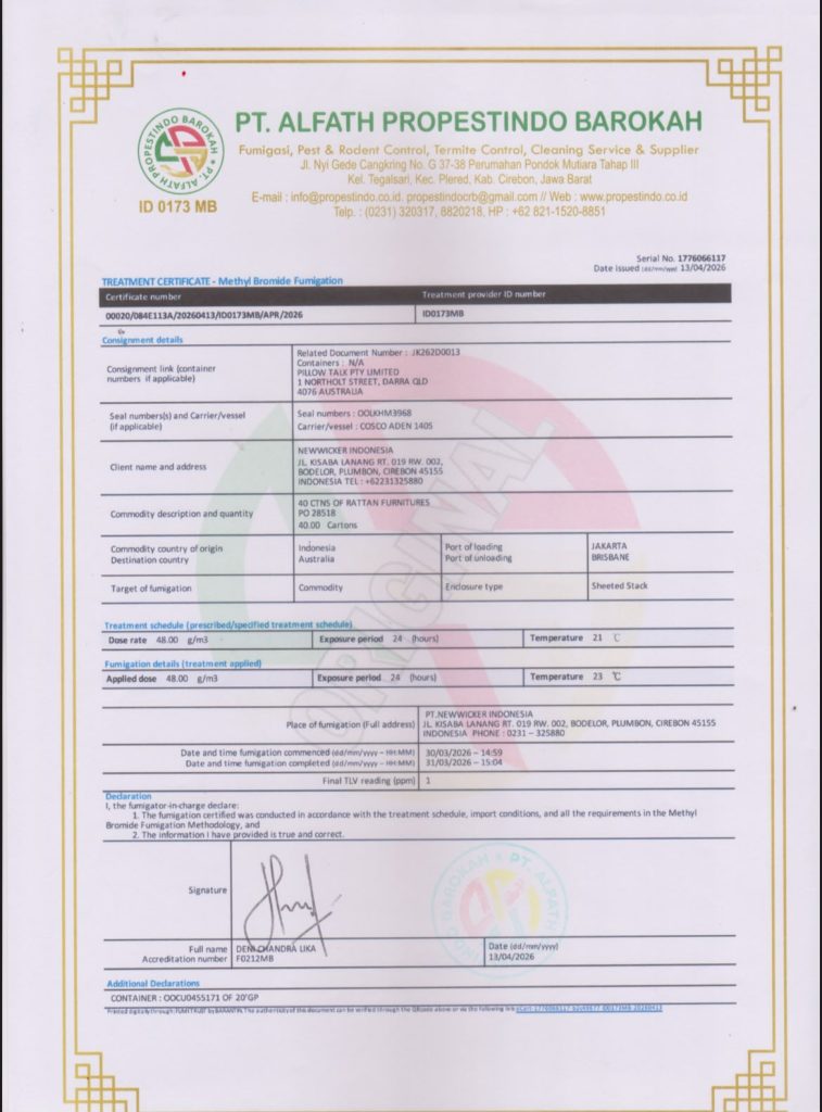 Sertifikat pengerjaan Methyl Bromide Fumigation untuk komoditas Mebel Rotan ekspor Australia oleh PT Alfath Propestindo Barokah Cirebon