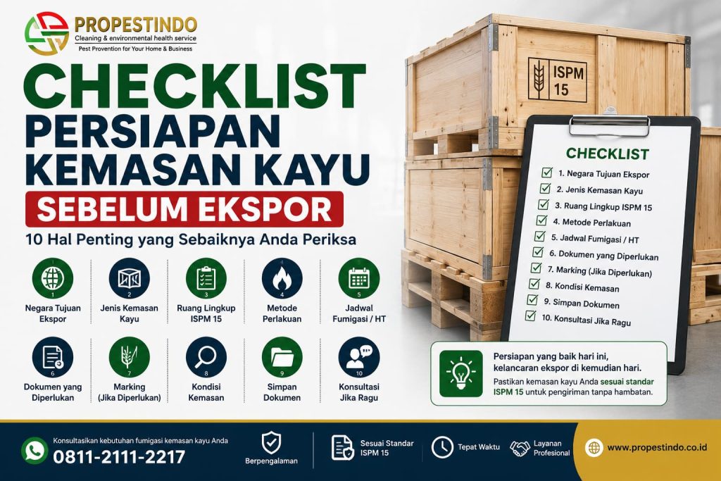 Checklist persiapan kemasan kayu sebelum ekspor sesuai standar ISPM 15.