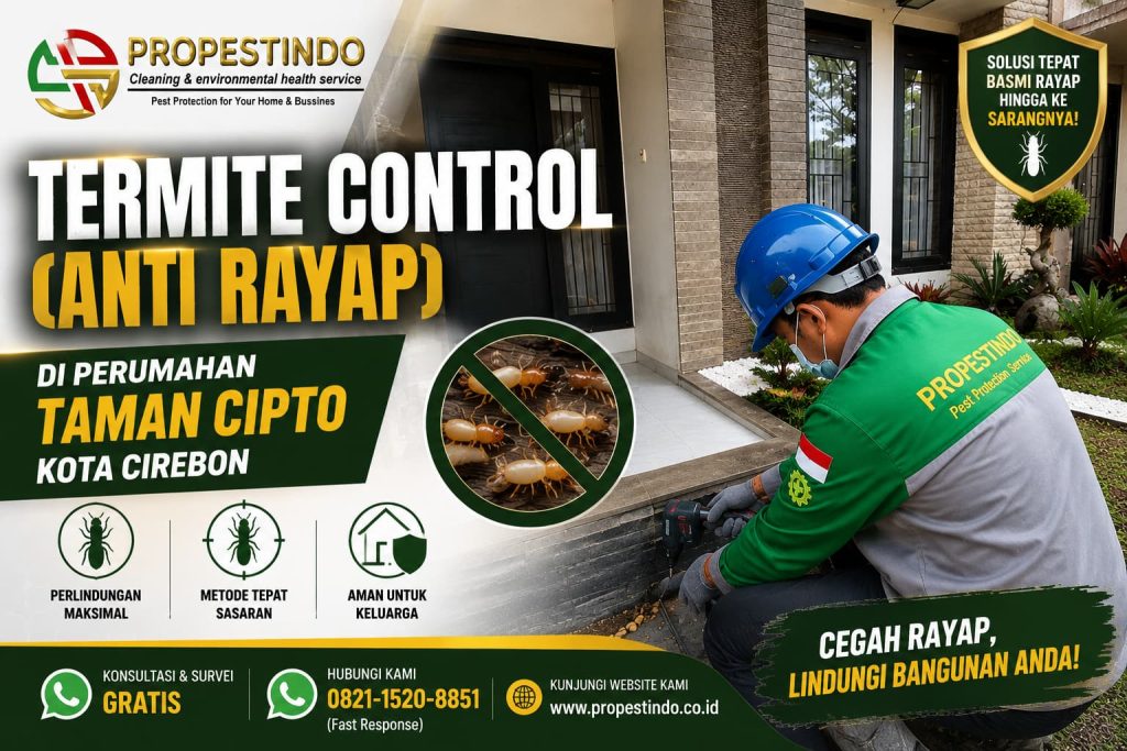 Teknisi Propestindo melakukan treatment termite control (anti rayap) menggunakan metode drill & injection pada rumah tinggal di Perumahan Taman Cipto Kota Cirebon.