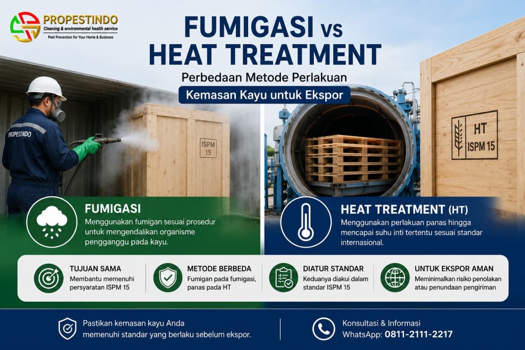 Perbandingan fumigasi dan Heat Treatment pada kemasan kayu untuk memenuhi standar ISPM 15 sebelum ekspor.
