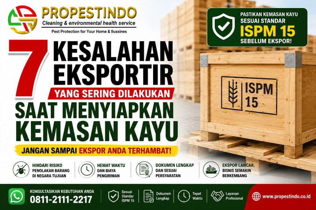 Ilustrasi tujuh kesalahan yang sering dilakukan eksportir saat menyiapkan pallet kayu dan kemasan kayu untuk ekspor sesuai standar ISPM 15.
