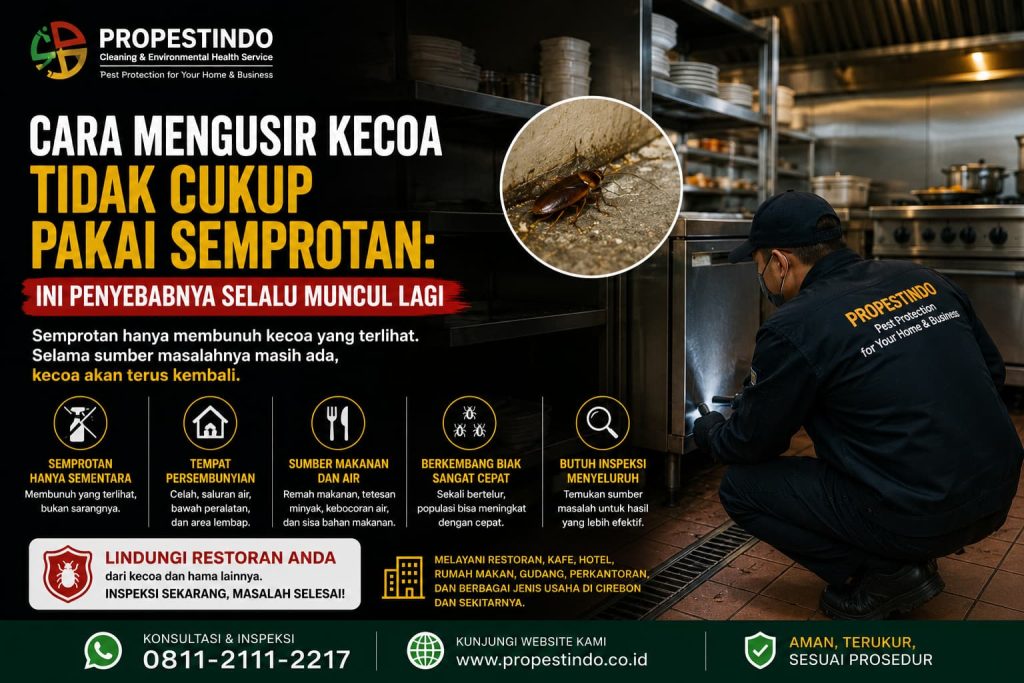 Teknisi Propestindo melakukan inspeksi untuk menemukan sumber infestasi kecoa di dapur restoran.