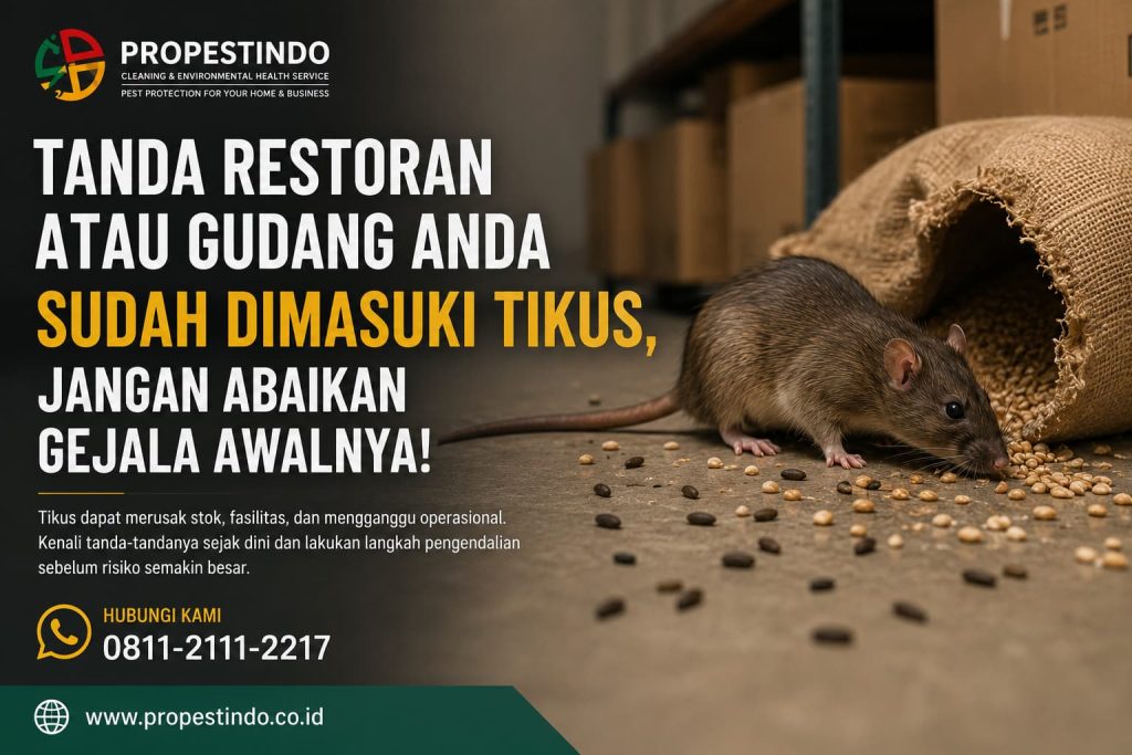 Ilustrasi tanda-tanda aktivitas tikus di restoran dan gudang seperti kotoran, bekas gigitan, dan suara di plafon.