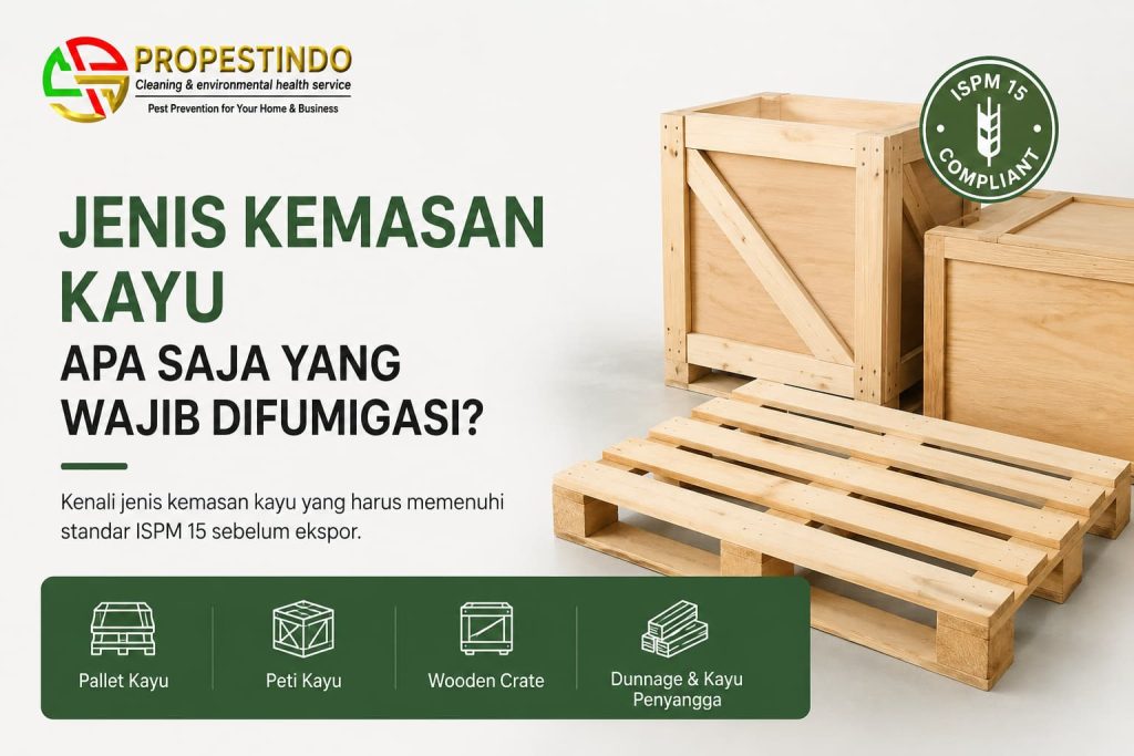 Pallet kayu dan peti kayu sebagai contoh kemasan kayu yang wajib memenuhi standar ISPM 15 sebelum digunakan untuk ekspor internasional.