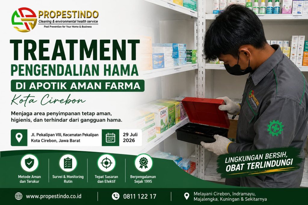 Teknisi Propestindo memasang rodent bait station saat treatment pengendalian hama di Apotik AMAN Farma, Jalan Pekalipan VIII, Kecamatan Pekalipan, Kota Cirebon.