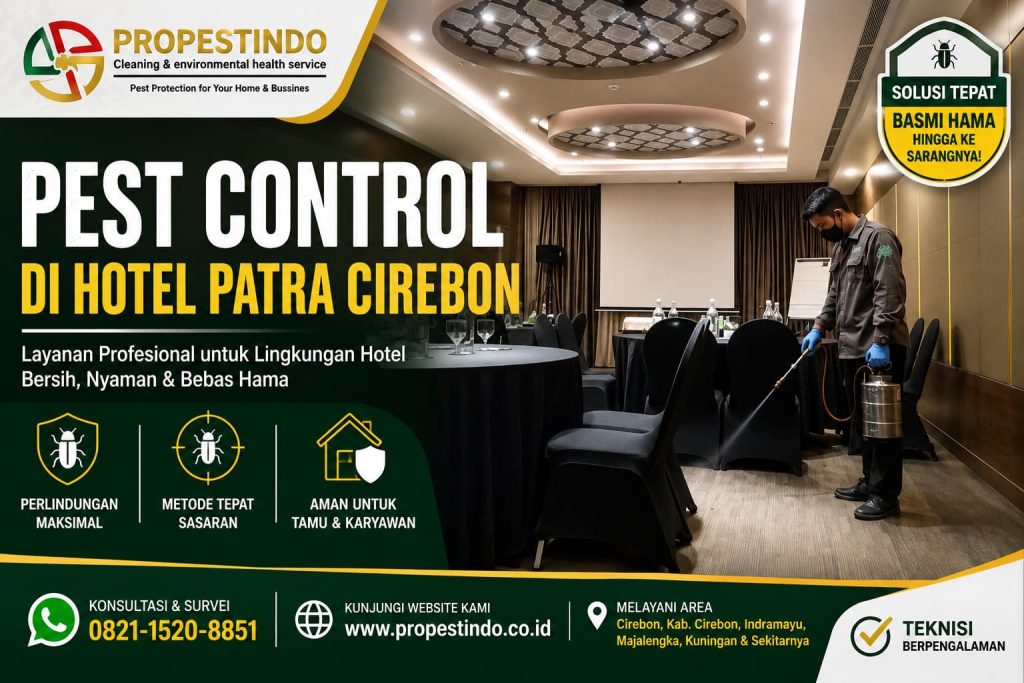 Teknisi Propestindo melakukan kegiatan pest control menggunakan metode spraying di area meeting room Hotel Patra Cirebon sebagai bagian dari program pengendalian hama.