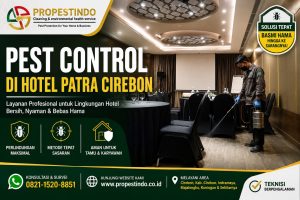 Teknisi Propestindo melakukan kegiatan pest control menggunakan metode spraying di area meeting room Hotel Patra Cirebon sebagai bagian dari program pengendalian hama.