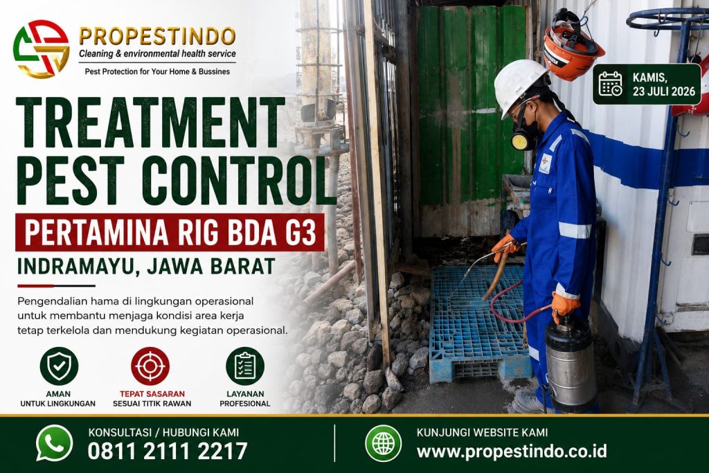 Teknisi melakukan treatment pest control di Pertamina RIG BDA G3 Indramayu Jawa Barat