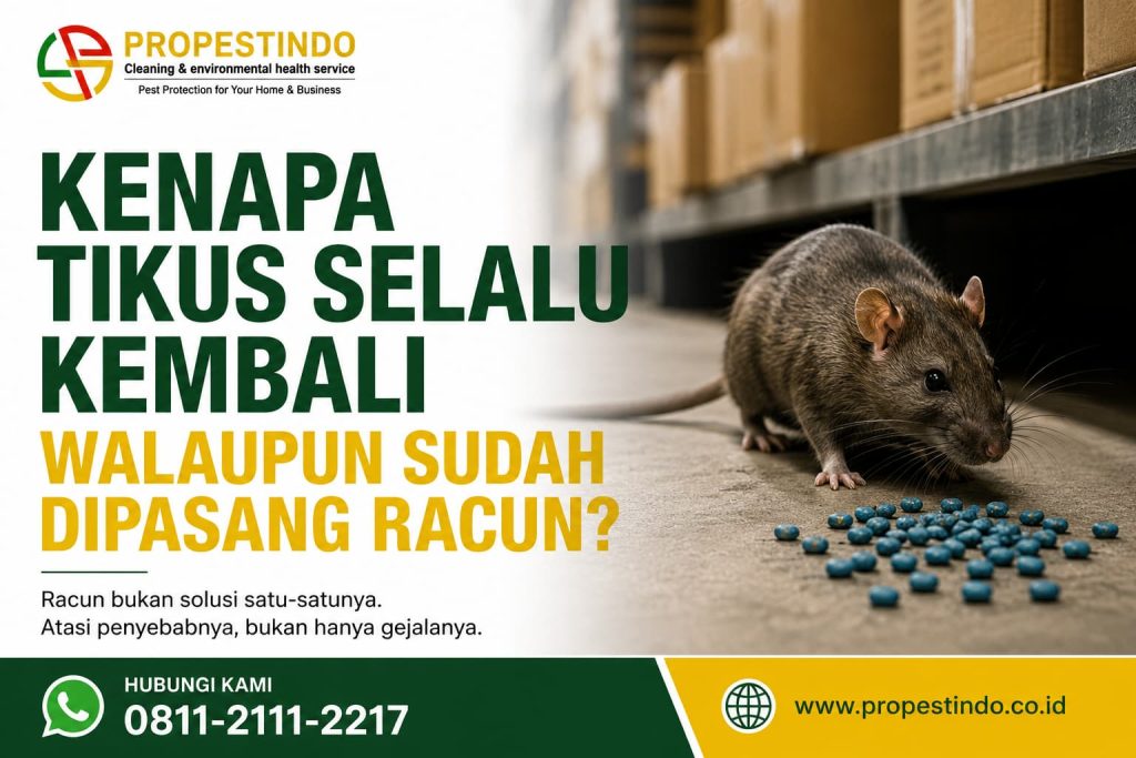 Ilustrasi tikus di area gudang dengan pesan bahwa racun saja tidak cukup untuk mencegah tikus kembali.