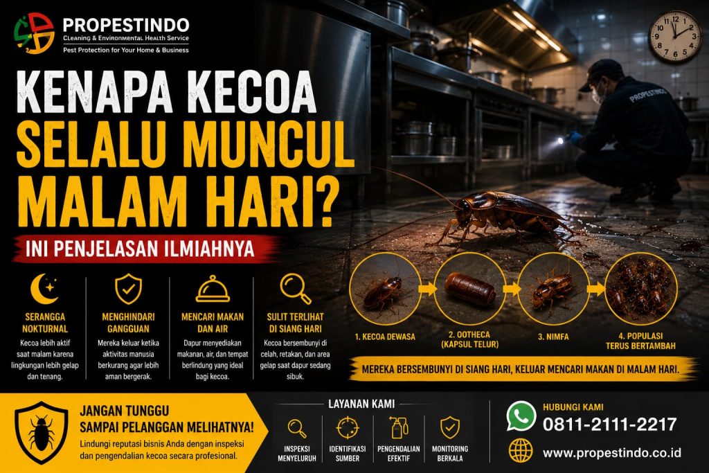Teknisi melakukan inspeksi dapur restoran pada malam hari untuk menemukan aktivitas kecoa dan sumber infestasi.