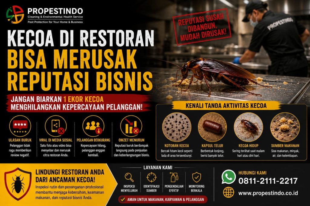 Ilustrasi kecoa di area restoran yang dapat memengaruhi kepercayaan pelanggan dan reputasi bisnis.