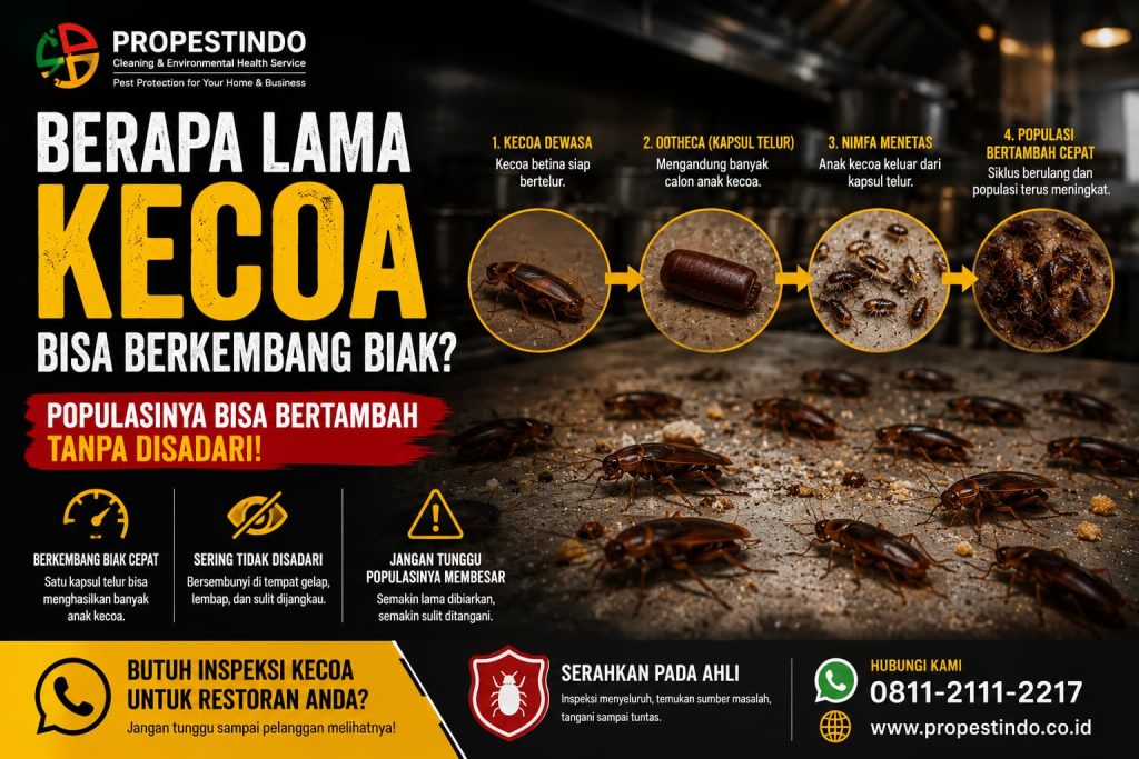 Ilustrasi siklus perkembangbiakan kecoa di dapur restoran yang dapat menyebabkan infestasi jika tidak segera ditangani.