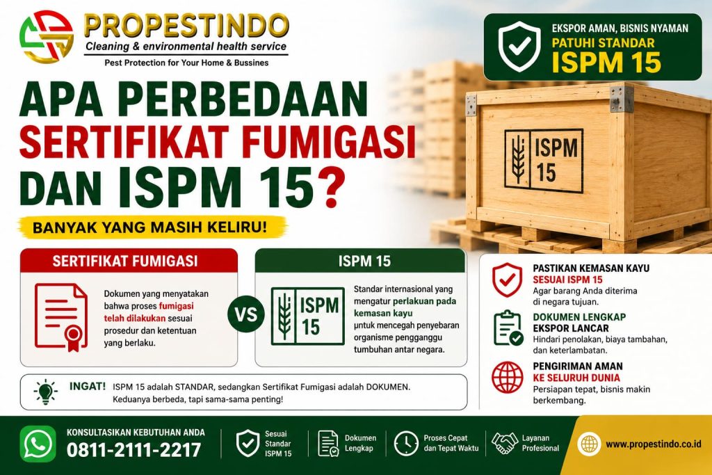 Ilustrasi yang menjelaskan perbedaan antara sertifikat fumigasi dan standar ISPM 15 pada kemasan kayu untuk kebutuhan ekspor.