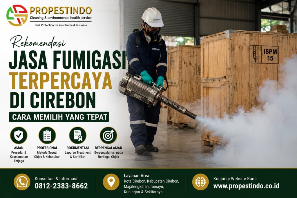 Teknisi melakukan pekerjaan fumigasi untuk kebutuhan pengendalian hama di Cirebon.
