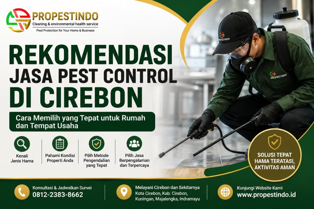 Teknisi Propestindo melakukan treatment pest control untuk membantu pengendalian hama pada properti di Cirebon.