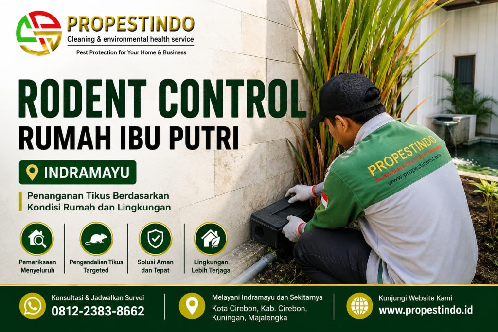 Teknisi Propestindo melakukan pemeriksaan rodent control pada area sekitar dinding rumah di Indramayu.