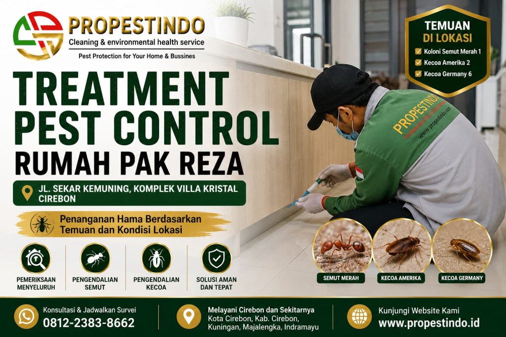 Teknisi Propestindo melakukan treatment pest control di rumah Pak Reza, Komplek Villa Kristal, Cirebon.